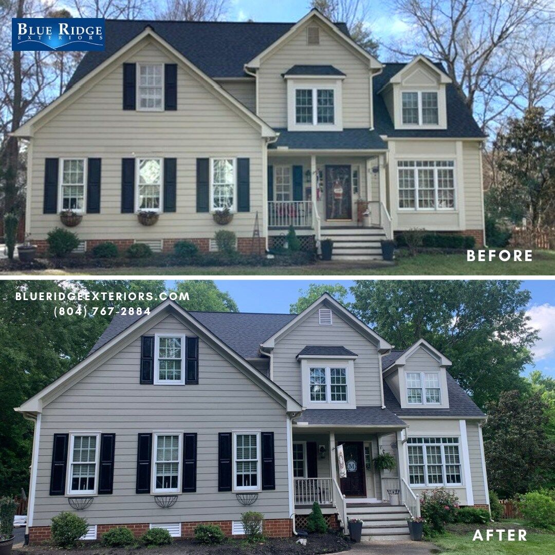 james-hardie-before-after-2025 (1) Home in Short Pump, VA replaces vinyl siding with James Hardie siding installed by Blue Ridge Exteriors.