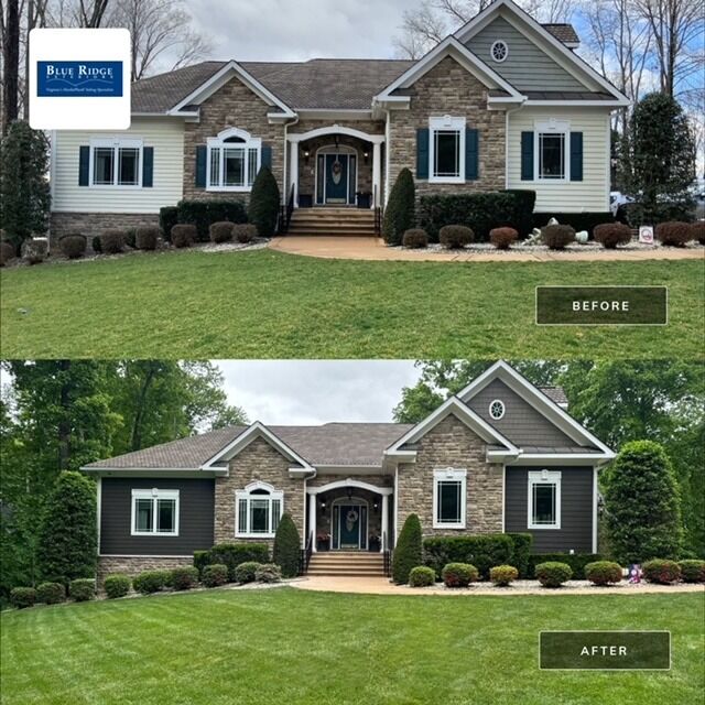 james-hardie-before-after-2025 (4) Home in Glen Allen, VA replaces vinyl siding with James Hardie plank & shingle siding. Installed by Blue Ridge Exteriors.