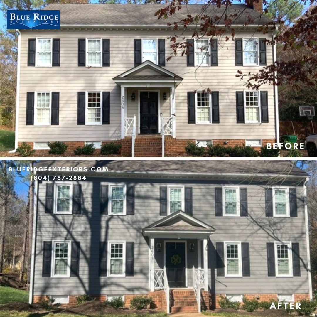 james-hardie-before-after-2025 (5) Bon Air home replaces vinyl siding with James Hardie plank siding.