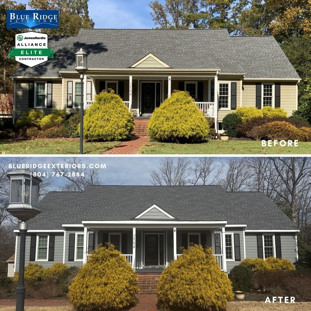 james-hardie-before-after-2025 (6) Grey James Hardie siding installed by Blue Ridge Exteriors in Chesterfield, VA.