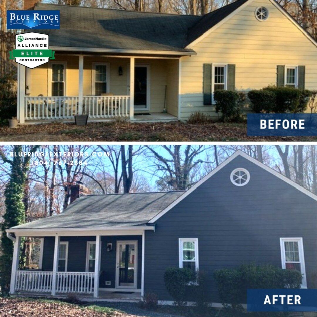 james-hardie-before-after-2025 (7) Older siding replacement by Blue Ridge Exteriors. Home in Mechanicsville, VA upgrades with James Hardie siding.